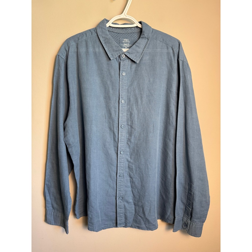 M&S Collection Linen Blend Regular Fit Shirt Mens 2XL Pastel Blue Coastal Boho